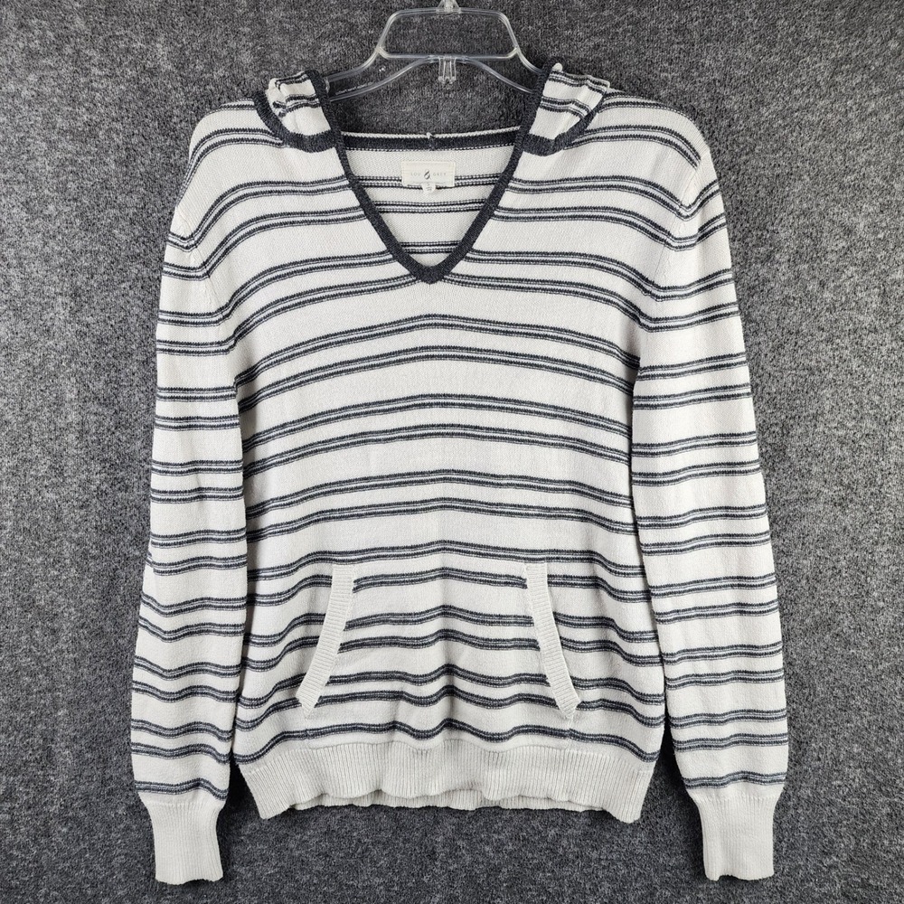 Lou & Grey Sweater Womens S Hoodie White Striped V-Neck Kangaroo Pocket EUC